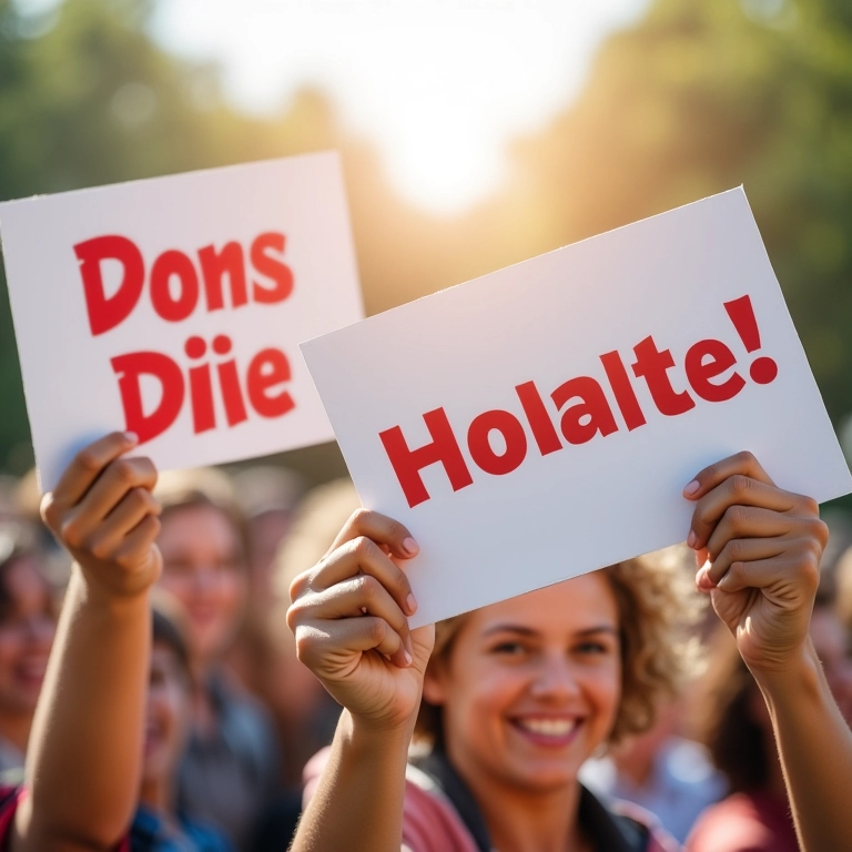 Mãos diversas segurando cartazes de campanha de doação correspondente.