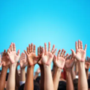 Mãos diversas unidas contra o céu, representando a defesa global dos direitos humanos pela Anistia Internacional.