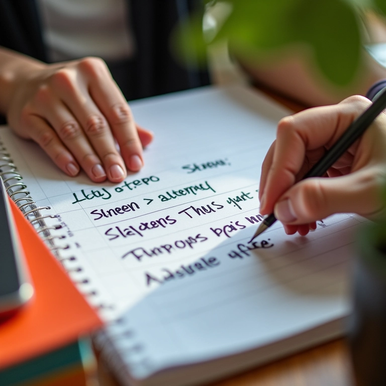 Mãos dividindo tarefa grande em pequenos passos em bloco de notas colorido.