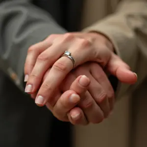 Mãos entrelaçadas com alianças simbolizando união estável e compromisso.