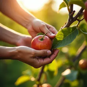 Mãos enxertando galho de árvore frutífera em pomar ensolarado.