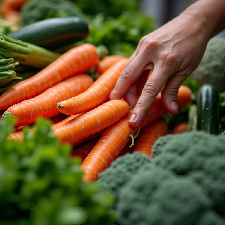 Mãos escolhendo legumes frescos em um mercado brasileiro.