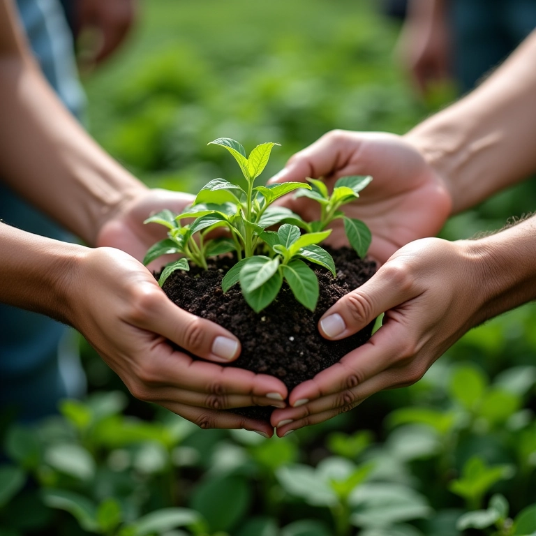 Mãos escolhendo mudas de estévia em um mercado brasileiro.