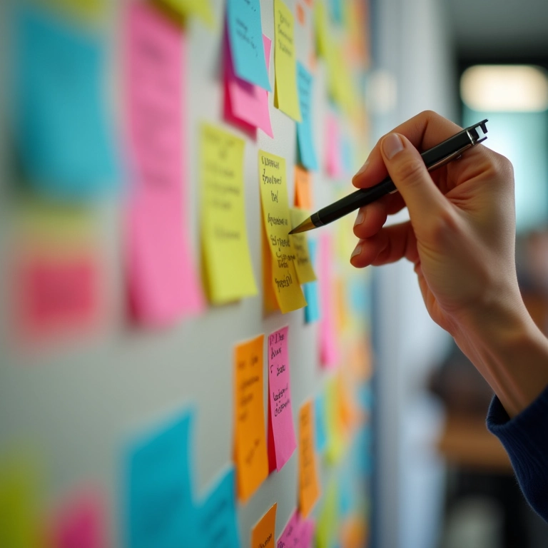 Mãos escrevendo ideias em notas adesivas coloridas durante brainwriting.