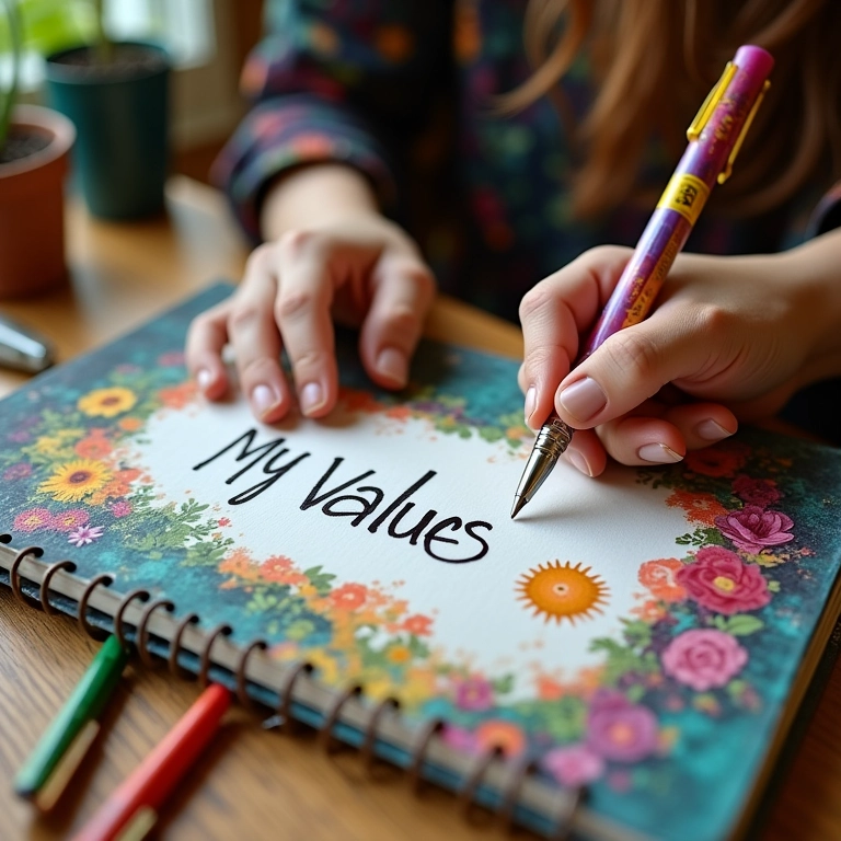 Mãos escrevendo 'Meus Valores' em um diário colorido, representando a identificação de valores no autoconhecimento.