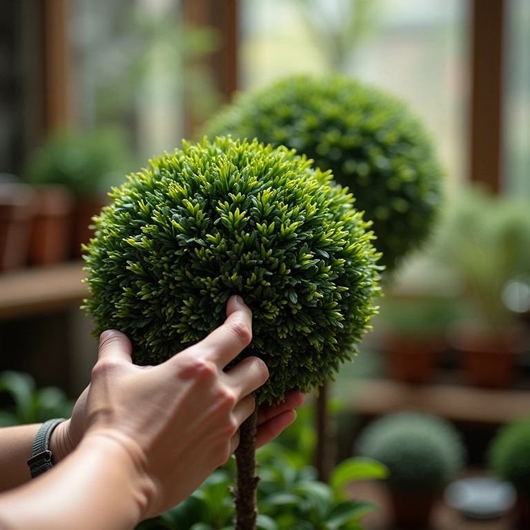 Mãos esculpindo um arbusto em forma de topiaria.