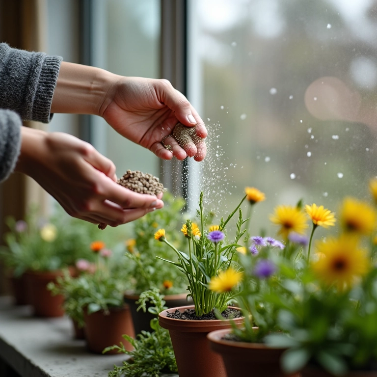 Mãos espalhando fertilizante em volta de flores de inverno em um jardim envidraçado.