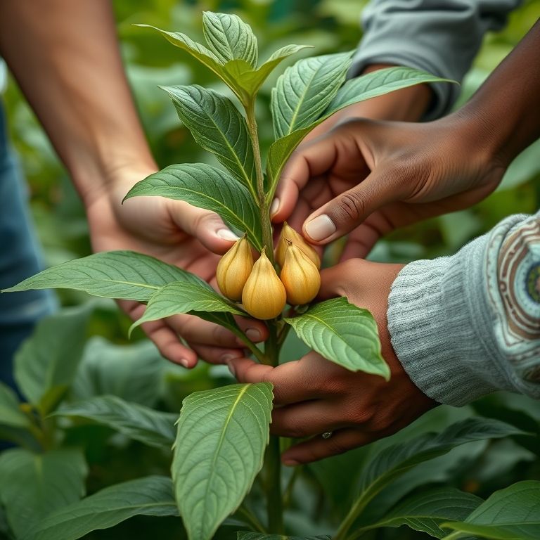 Mãos examinando planta para identificar ponto de maturação.