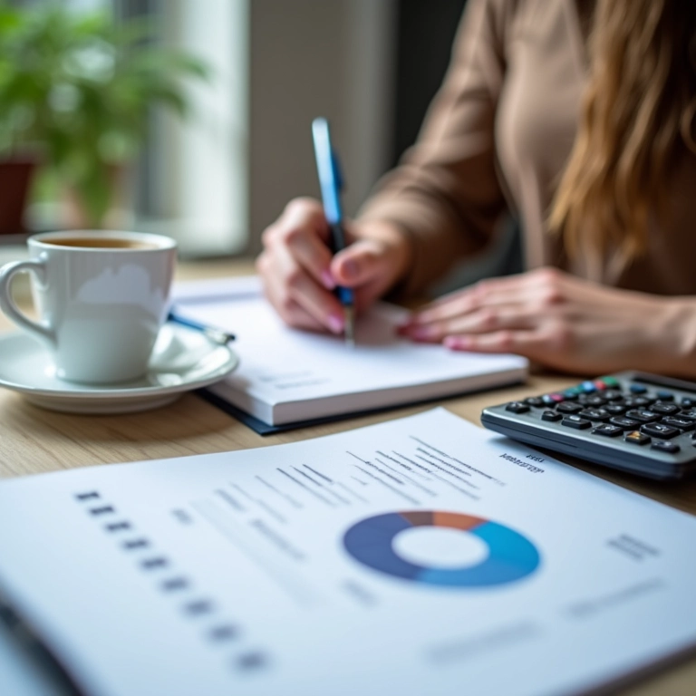 Mãos femininas anotando em diário financeiro com caneta, calculadora e café.