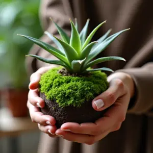 Mãos femininas diversas criando um kokedama exuberante.