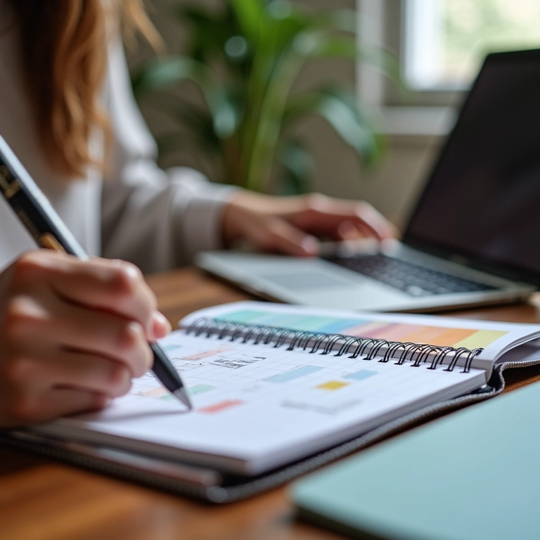 Mãos femininas organizando agenda e calendário digital em home office.