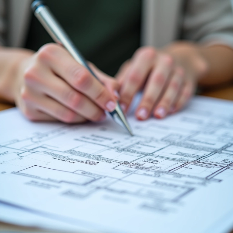 Mãos femininas trabalhando em planta de construção, representando uma microempresa.
