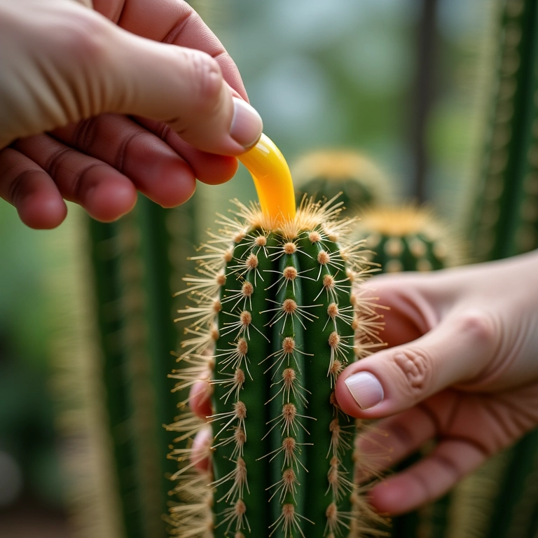 Mãos fertilizando cacto com fertilizante líquido, garantindo nutrientes essenciais.