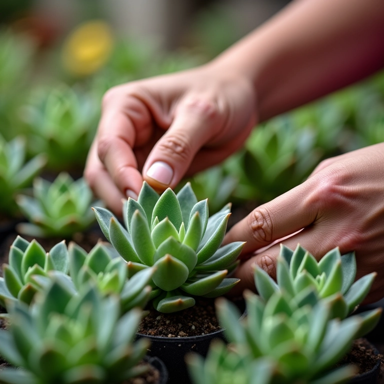 Mãos fertilizando suavemente suculentas Echeveria com fertilizante líquido.