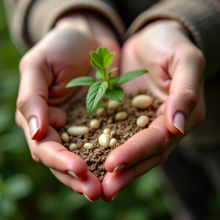 Mãos germinando sementes de feijão no algodão.