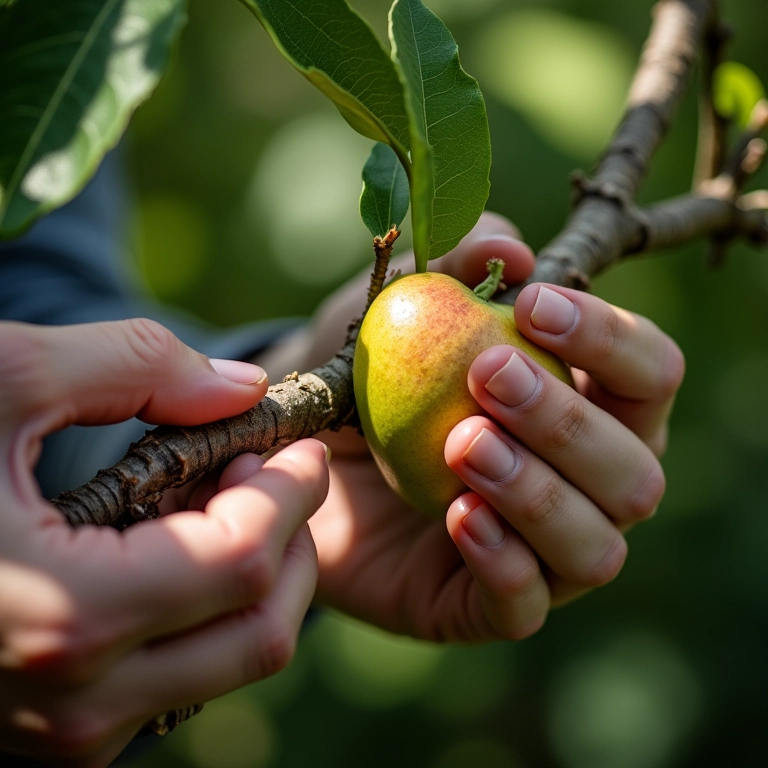 Mãos habilidosas enxertando galho de árvore frutífera com a técnica de garfagem.