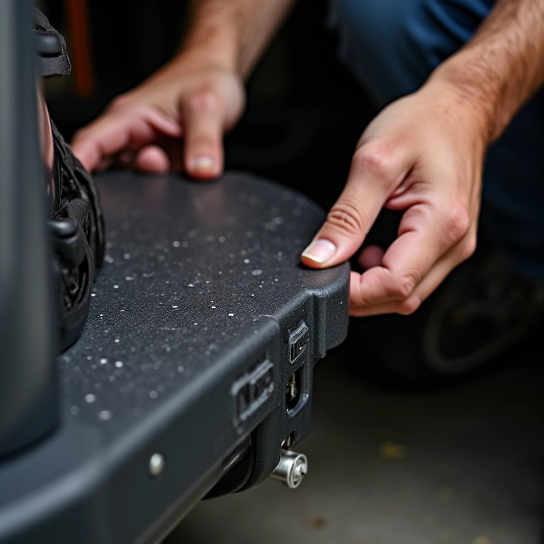 Mãos instalando um overbumper em um SUV em uma garagem doméstica, demonstrando a facilidade de instalação.