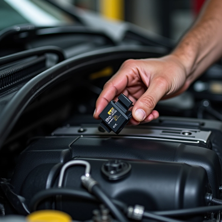 Mãos instalando um sensor PS10 no motor de um carro.