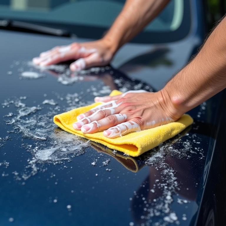 Mãos lavando carro com água e sabão, preparando para aplicação da cera.