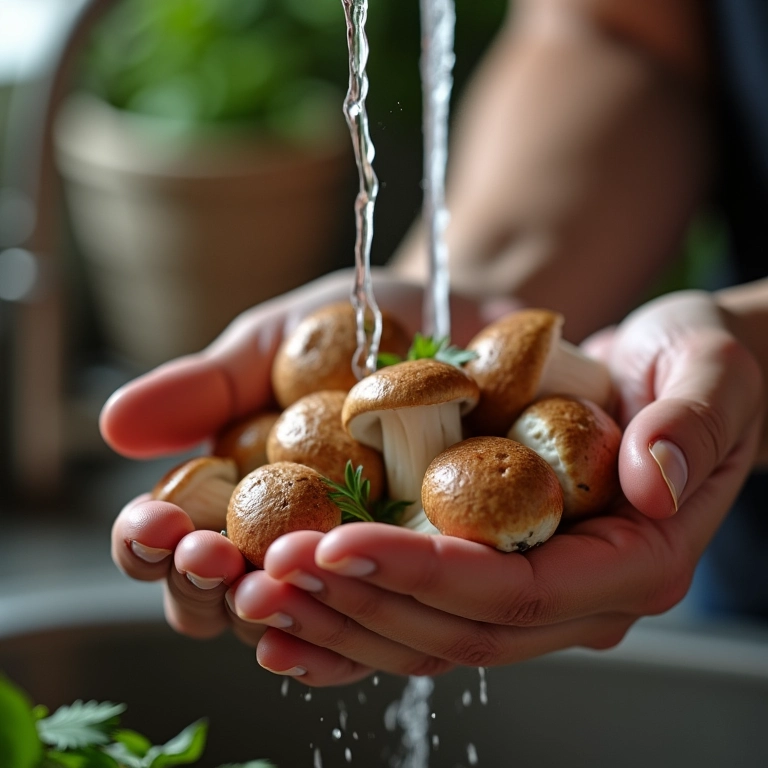 Mãos lavando cogumelos frescos sob água corrente.