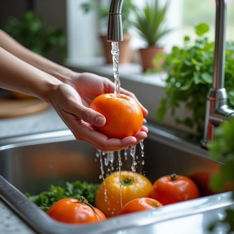 Mãos lavando verduras em pia de cozinha limpa.