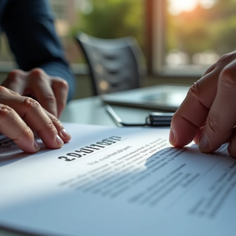 Mãos lendo atentamente um contrato de consórcio com lupa.