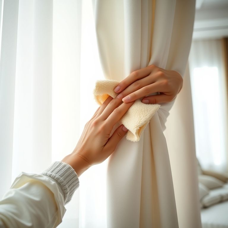Mãos limpando delicadamente uma cortina com um pano macio.