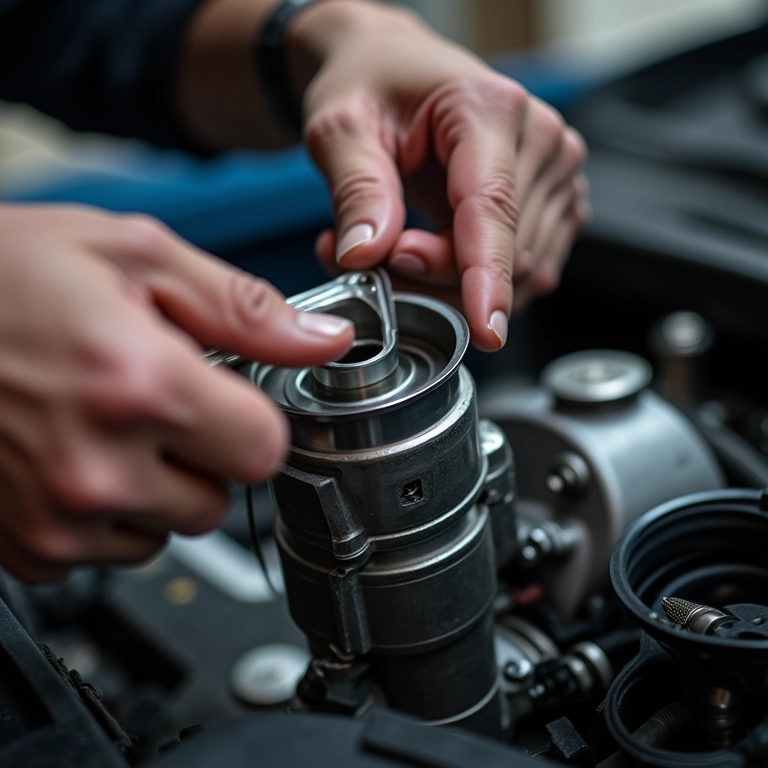 Mãos limpando o carburador com fluido de limpeza, manutenção essencial.