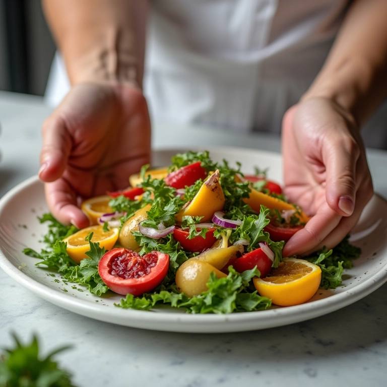 Mãos misturando salada com molho de maracujá.