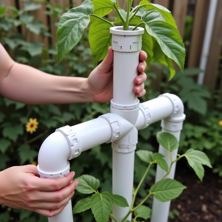Mãos montando a estrutura da horta vertical de cano de PVC em um quintal ensolarado.