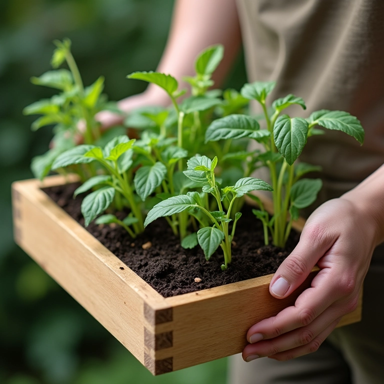 Mãos montando estrutura de jardim vertical com madeira, terra e mudas de ervas.