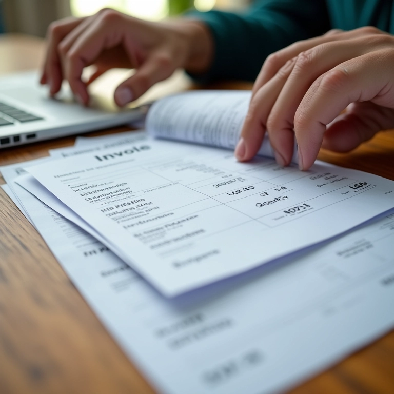 Mãos organizando documentos financeiros em mesa de madeira.