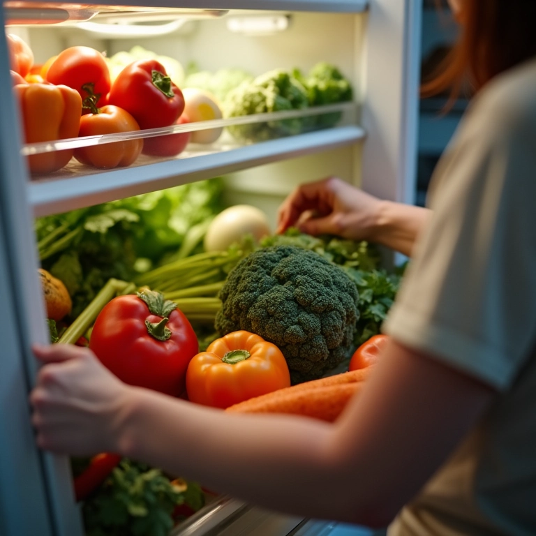Mãos organizando legumes frescos na geladeira.