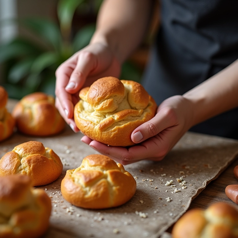 Mãos pegando um pão de mel caseiro em uma cozinha aconchegante.