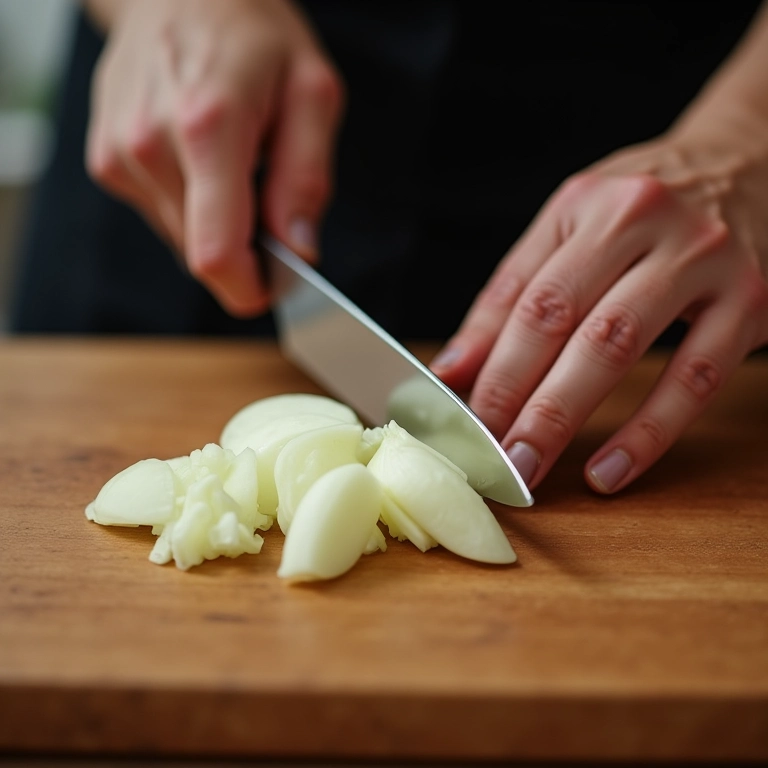 Mãos picando cebola rapidamente e com segurança.