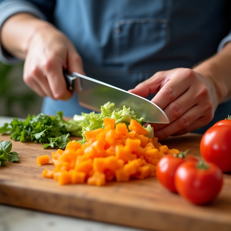 Mãos picando legumes frescos em uma tábua de madeira, preparando os ingredientes para as marmitas.