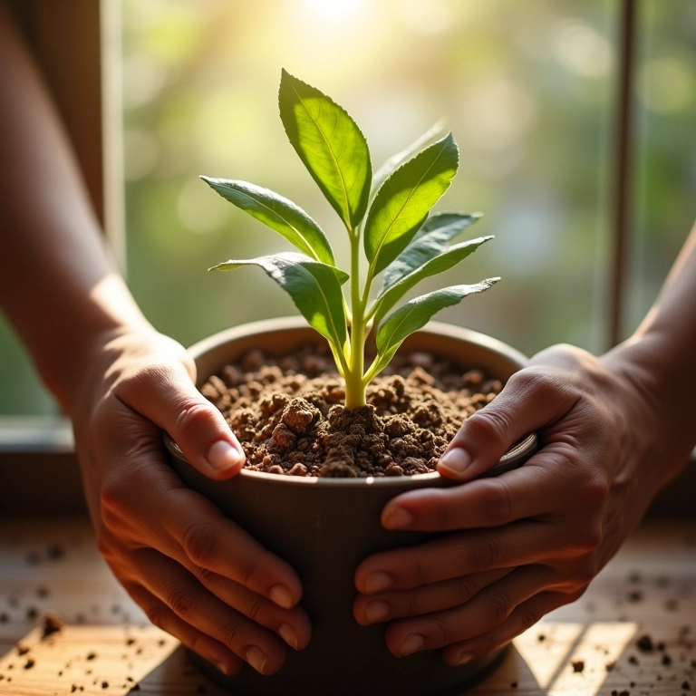 Mãos plantando arruda em vaso com substrato de fibra de coco, com iluminação natural.
