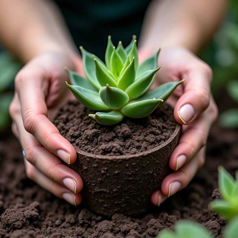 Mãos plantando cuidadosamente uma Echeveria em substrato bem drenado.
