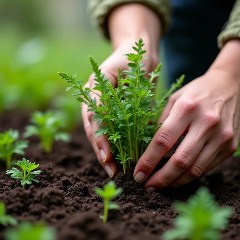 Mãos plantando ervas aromáticas como salsa, cebolinha e tomilho em solo fértil.