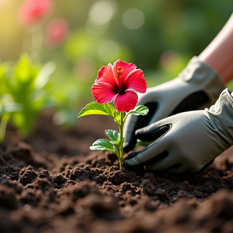 Mãos plantando muda de hibisco em solo fértil.
