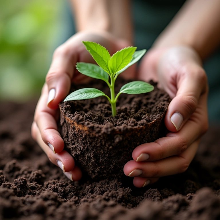 Mãos plantando muda em vaso com vermiculita.