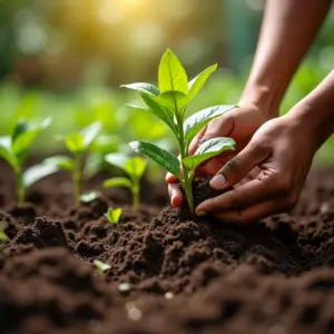 Mãos plantando mudas em solo fértil com técnica de plantio direto.