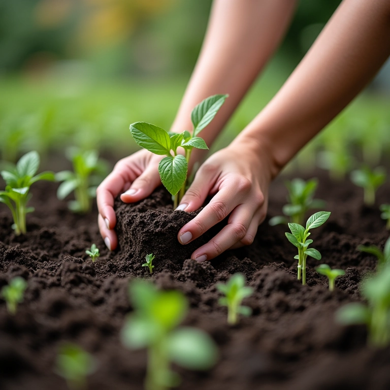 Mãos plantando mudas na época ideal.