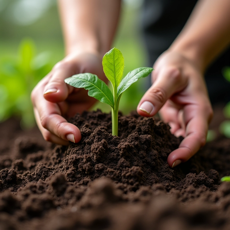 Mãos plantando mudas orgânicas em solo fértil.