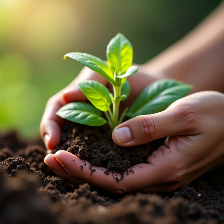 Mãos plantando mudas, simbolizando os benefícios da jardinagem.