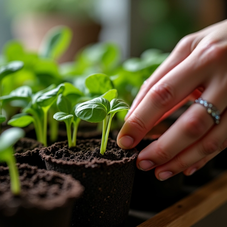 Mãos plantando sementes de espinafre em vaso.