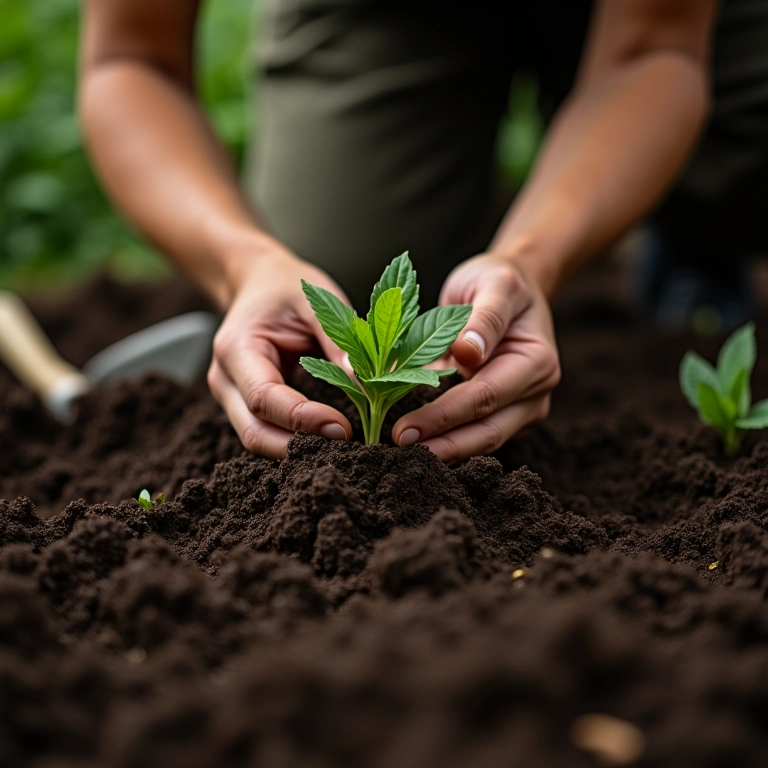 Mãos plantando sementes em solo fértil.
