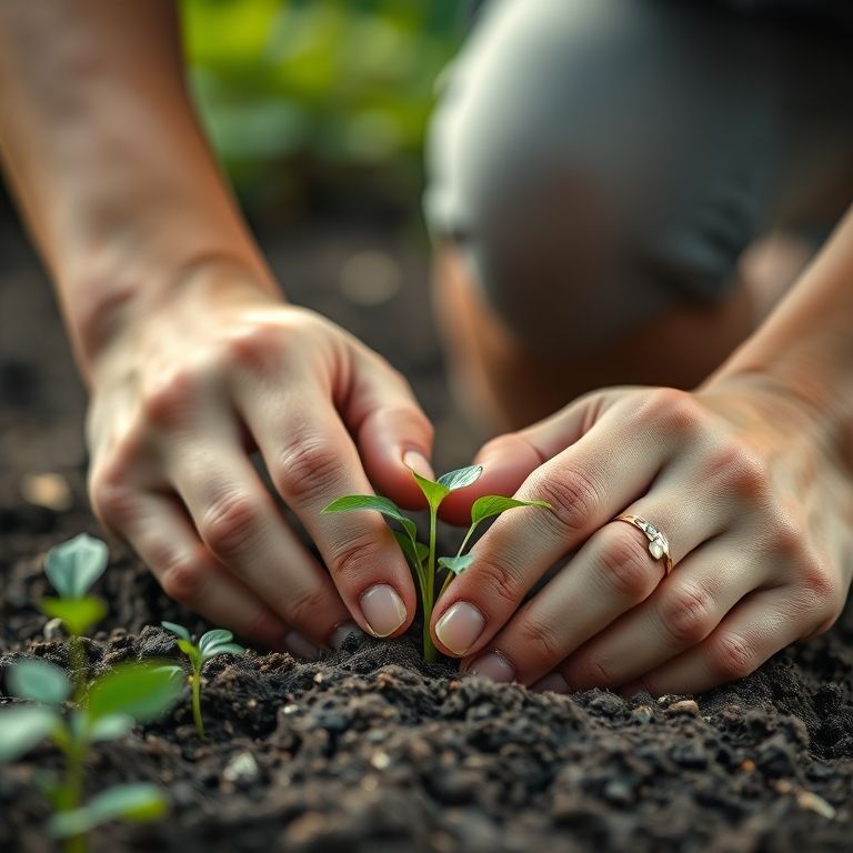 Mãos plantando sementes no solo com foco e atenção plena, demonstrando concentração e cuidado.