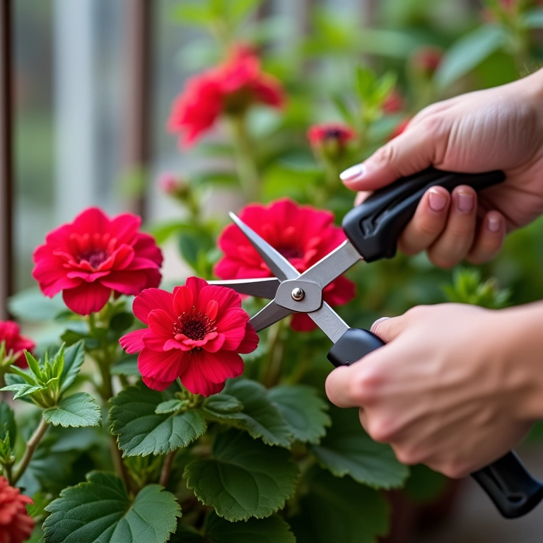 Mãos podando gerânios em uma varanda.