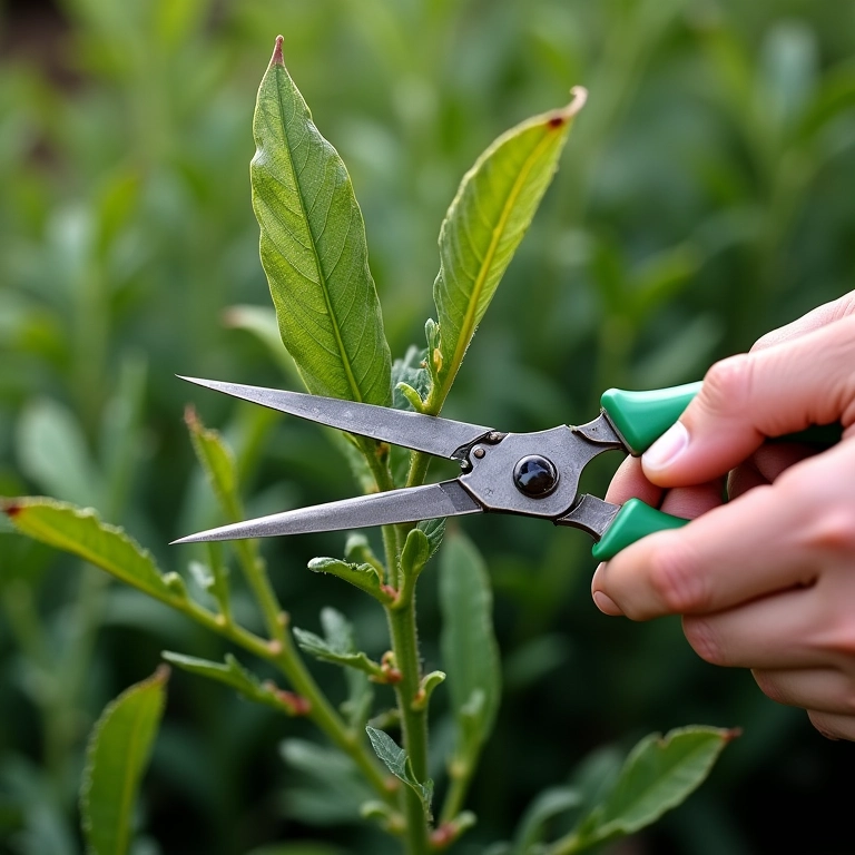 Mãos podando planta de arruda com tesoura de jardinagem, removendo folhas secas.